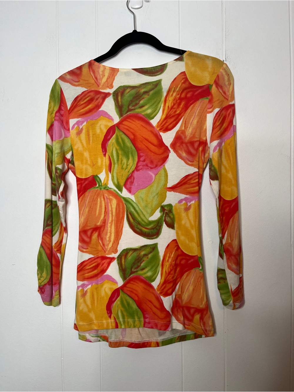 CAbi Vibrant Floral Wrap-Front Long Sleeve Tunic in Orange, Pink & Green Size M - Picture 2 of 6